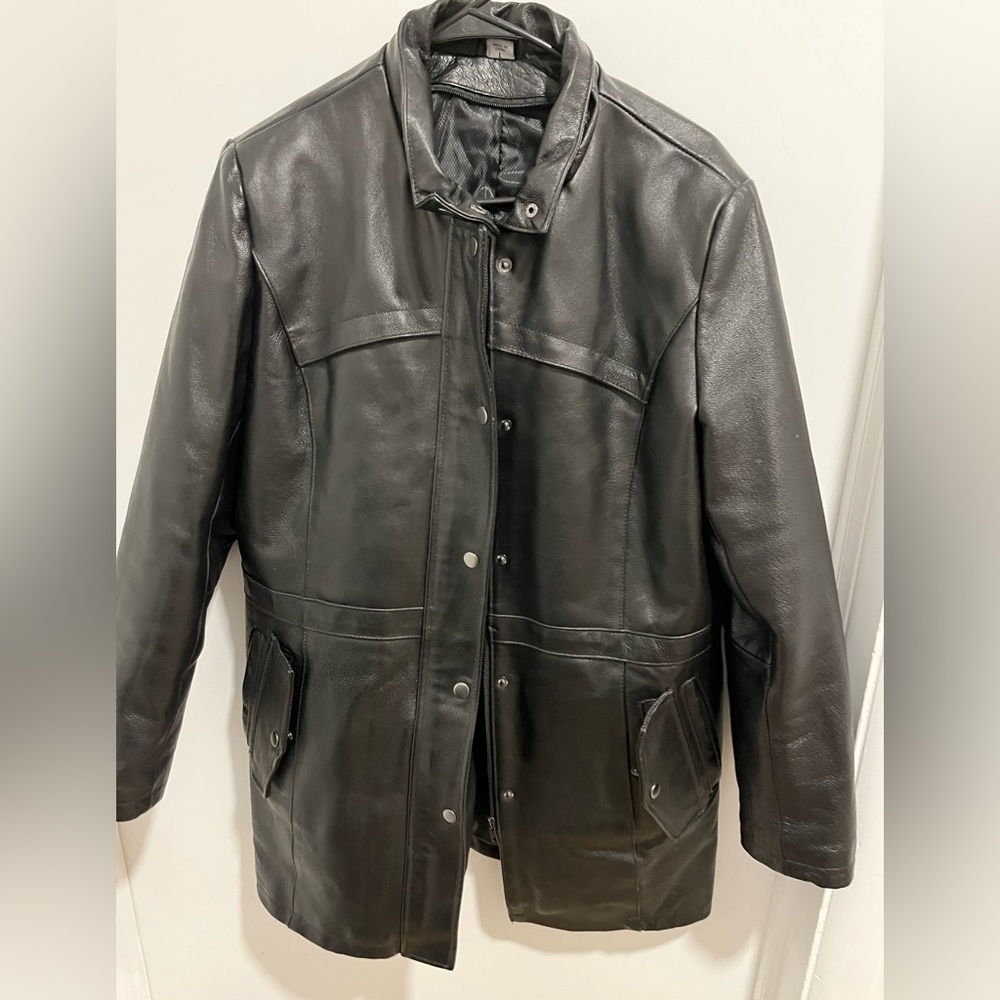 Black leather dress coat with liner